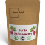 Ekologiczne opakowanie Johny Catch z napisem „Burak Liofilizowany” – naturalna, wegańska przekąska bez cukru w brązowej torebce z białą etykietą i grafiką buraka