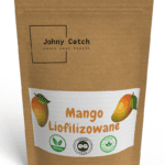 Brązowe ekologiczne opakowanie Johny Catch z napisem „Mango Liofilizowane” i grafiką owocu mango – naturalna, wegańska przekąska bez cukru.