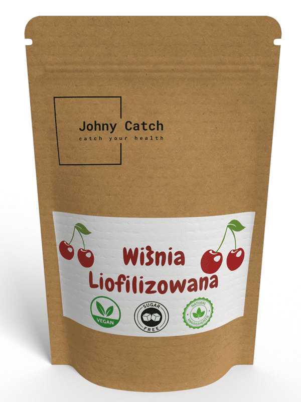 Opakowanie liofilizowanych wiśni Johny Catch – naturalna, chrupiąca przekąska bez dodatku cukru, 100% owoców.