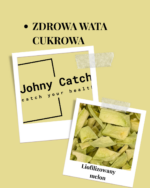 Grafika Johny Catch z liofilizowanym melonem i hasłem „zdrowa wata cukrowa”, pokazująca naturalnie słodką, chrupiącą przekąskę owocową