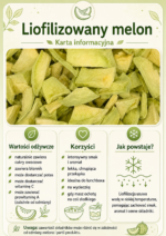 Karta informacyjna przedstawiająca liofilizowany melon Johny Catch, jego wartości odżywcze, korzyści i proces powstawania metodą liofilizacji.