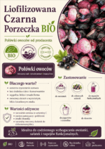 Karta produktu liofilizowanej czarnej porzeczki BIO Johny Catch w połówkach, z informacjami o certyfikacie BIO, sonicznym czyszczeniu, pochodzeniu od producenta oraz zastosowaniu do owsianek, sałatek, jogurtów, smoothie, deserów i napojów funkcjonalnych.