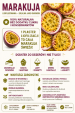 Grafika informacyjna przedstawiająca liofilizowaną marakuję Johny Catch jako naturalny garnish do deserów, lodów, koktajli, owsianek i jogurtów.