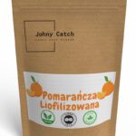 Saszetka Johny Catch z liofilizowaną pomarańczą – naturalne plastry pomarańczy w minimalistycznym opakowaniu z przezroczystym okienkiem.