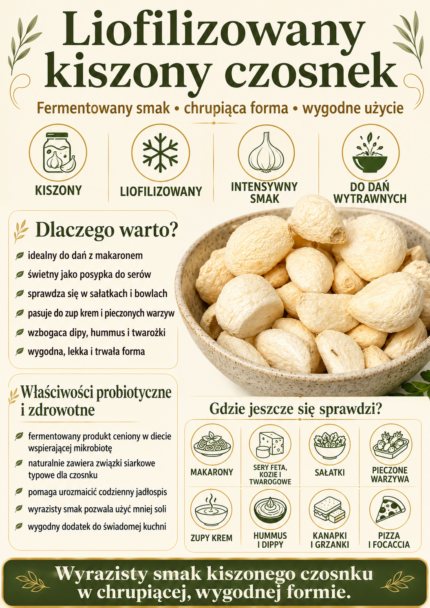 Infografika produktu liofilizowany kiszony czosnek – właściwości, zastosowanie i zalety chrupiącego fermentowanego czosnku do dań wytrawnych.