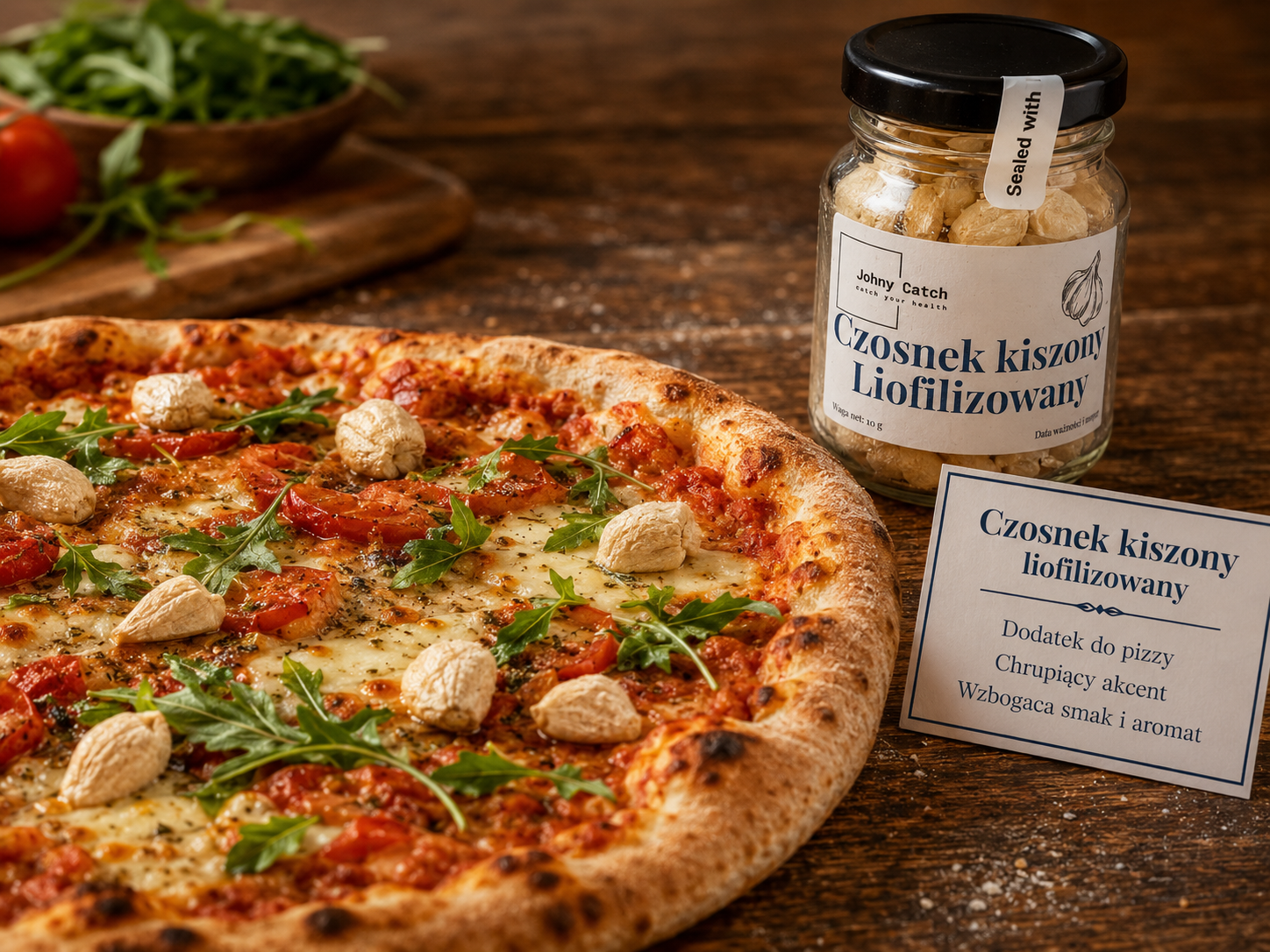 Pizza z liofilizowanym kiszonym czosnkiem Johny Catch jako chrupiacym dodatkiem, obok sloiczek produktu i karta informacyjna.