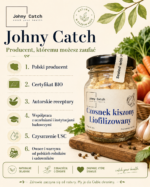 Grafika Johny Catch przedstawiająca liofilizowany kiszony czosnek oraz informacje o marce: polski producent, certyfikat BIO, autorskie receptury, współpraca z uczelniami, czyszczenie USC i surowce od polskich rolników.Johny Catch producent żywności liofilizowanej BIO – czosnek kiszony liofilizowany i najważniejsze zalety marki.
