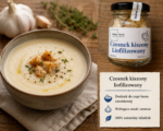Zupa krem czosnkowa z dodatkiem liofilizowanego kiszonego czosnku Johny Catch oraz słoiczek produktu obok miski zupy.