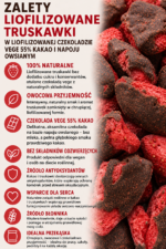 Grafika informacyjna przedstawiająca zalety liofilizowanej truskawki w liofilizowanej czekoladzie vege 55% kakao na bazie napoju owsianego Johny Catch.