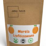 Opakowanie liofilizowanej moreli Johny Catch – naturalna przekąska bez cukru, idealna do szkoły, w podróży i po treningu.
