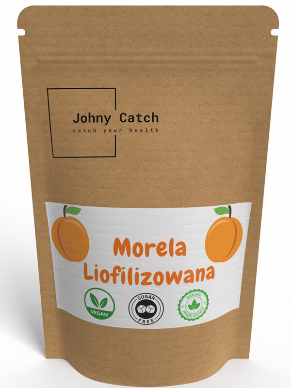 Opakowanie liofilizowanej moreli Johny Catch – naturalna przekąska bez cukru, idealna do szkoły, w podróży i po treningu.