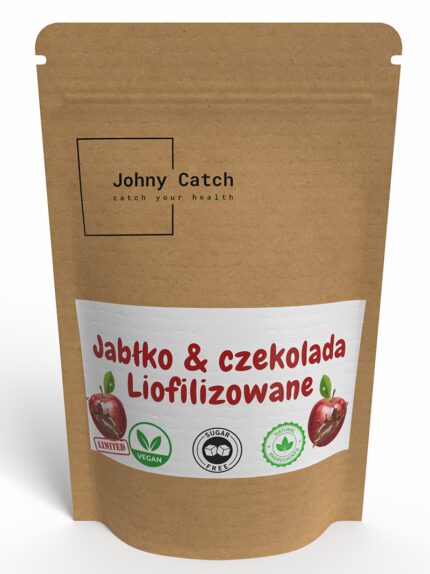 Opakowanie Johny Catch – Liofilizowane Jabłko z Czekoladą. Brązowy kraftowy worek z etykietą „Jabłko & czekolada liofilizowane”. Produkt wegański, bez cukru i konserwantów.