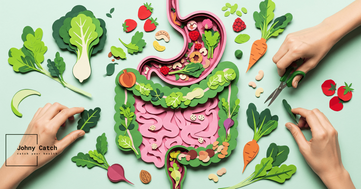 Ilustracja jelit i mikrobioty pokazująca wpływ owoców, warzyw i błonnika na trawienie, odporność i równowagę jelitową