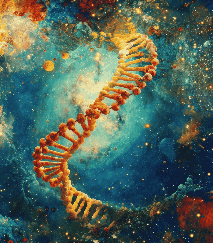 Ilustracja struktury DNA symbolizująca biologiczne podstawy regulacji metabolizmu, apetytu i sygnałów jelitowych