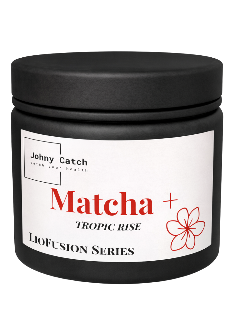 matcha tropic rise bez tła Matcha+ Tropic Rise Johny Catch – funkcjonalna matcha z serii LioFusion w czarnym słoiku