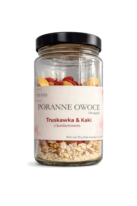 Szklany słoik z owsianką Poranne Owoce Truskawka i Kaki z kardamonem na białym tle – Johny Catch