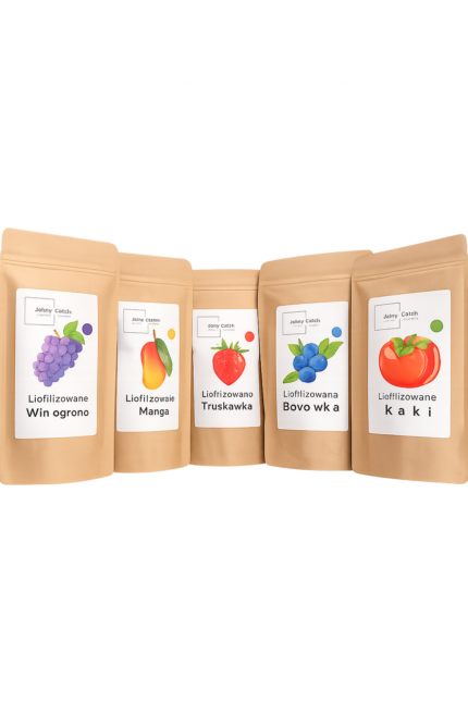 Zestaw liofilizowanych owoców Johny Catch – mango, truskawka, borówka, winogrono i kaki, zdrowa przekąska dla dzieci bez cukru