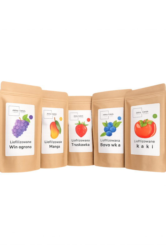 Zestaw liofilizowanych owoców Johny Catch – mango, truskawka, borówka, winogrono i kaki, zdrowa przekąska dla dzieci bez cukru