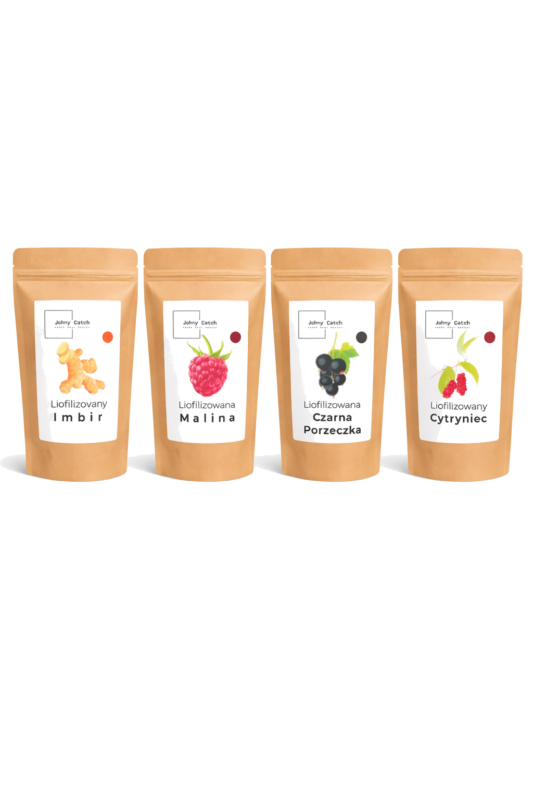 Zestaw liofilizowanych owoców i imbiru Johny Catch – malina, czarna porzeczka, cytryniec chiński i imbir w opakowaniach premium