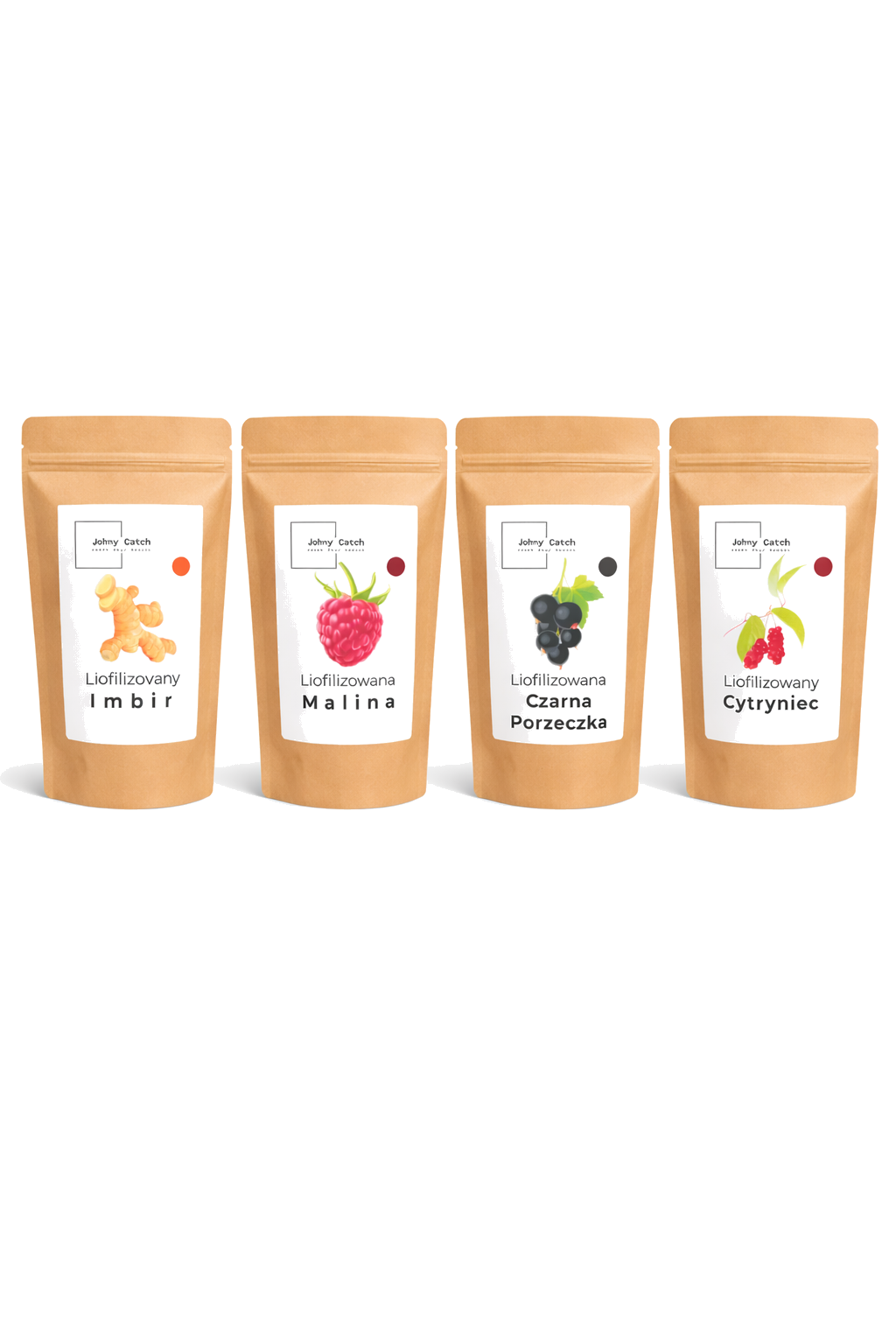 zestaw funkcyjny bez tła 800 x 1067 Zestaw liofilizowanych owoców i imbiru Johny Catch – malina, czarna porzeczka, cytryniec chiński i imbir w opakowaniach premium