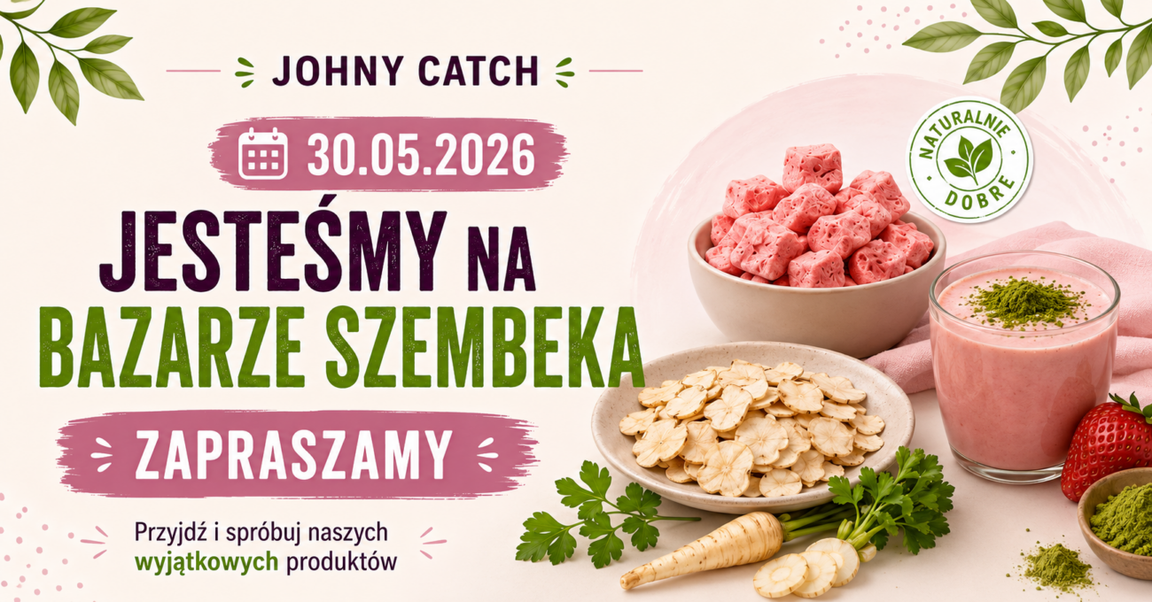 Grafika promocyjna marki Johny Catch zapraszająca 30.05.2026 na Bazar Szembeka. Przedstawia lokalnego polskiego producenta produktów liofilizowanych BIO, liofilizowanego arbuza jako zdrową watę cukrową, liofilizowany korzeń pietruszki jako alternatywę dla chipsów oraz japońską matchę o smaku truskawkowym.