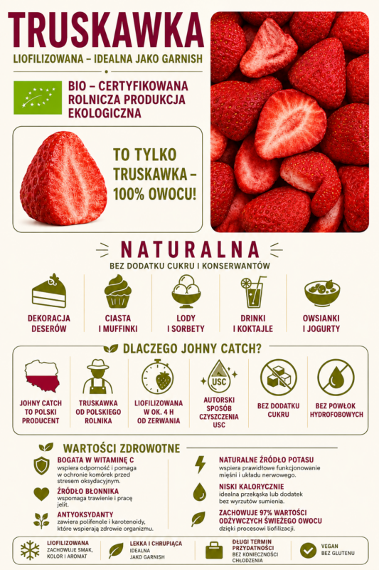Infografika Johny Catch o liofilizowanej truskawce BIO – polski producent, truskawka od polskiego rolnika, liofilizowana ok. 4 godziny od zerwania, bez dodatku cukru i bez powłok hydrofobowych.