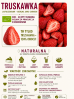 Infografika Johny Catch o liofilizowanej truskawce BIO – naturalna przekąska owocowa bez dodatku cukru, 100% owocu, idealna do deserów, owsianek, jogurtów i koktajli.