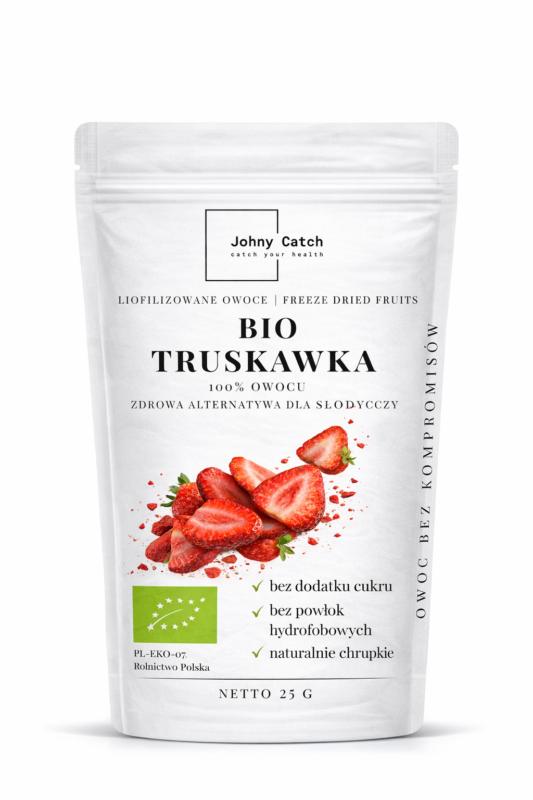 Opakowanie Johny Catch BIO Truskawka – liofilizowane truskawki bez dodatku cukru, naturalnie chrupkie, 100% owocu.