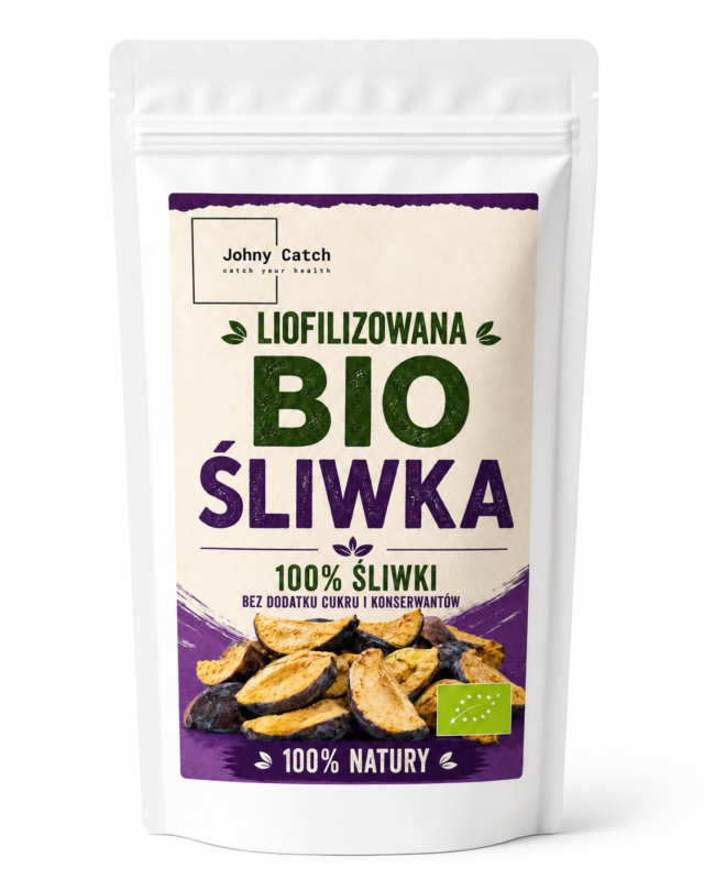 Opakowanie Johny Catch BIO Śliwka – liofilizowane owoce 100% owocu, bez dodatku cukru, bez powłok hydrofobowych, naturalnie chrupiące.